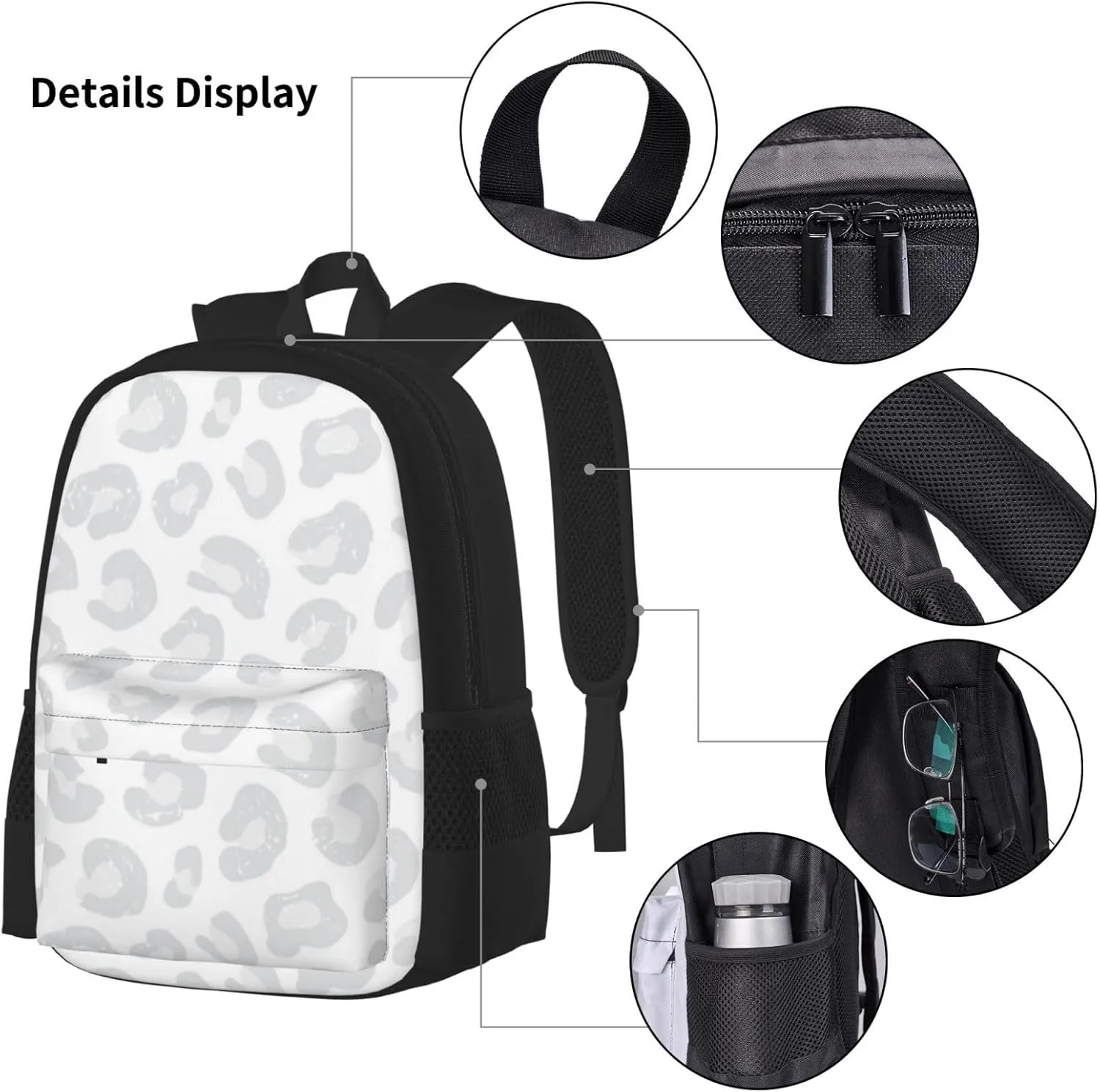 Leopard Print Silver Gray and White Multifunctional Pocket Backpack Crossbody Lunch Bag Pencil Case 3Pcs Set Large Capacity Backpack