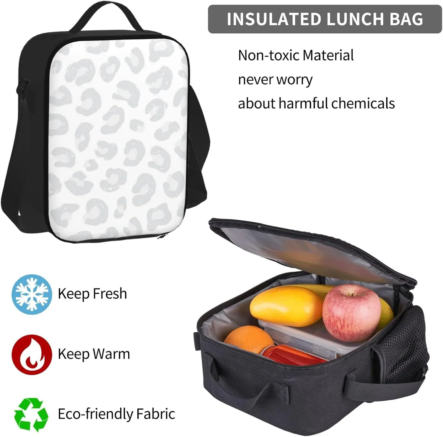 Leopard Print Silver Gray and White Multifunctional Pocket Backpack Crossbody Lunch Bag Pencil Case 3Pcs Set Large Capacity Backpack