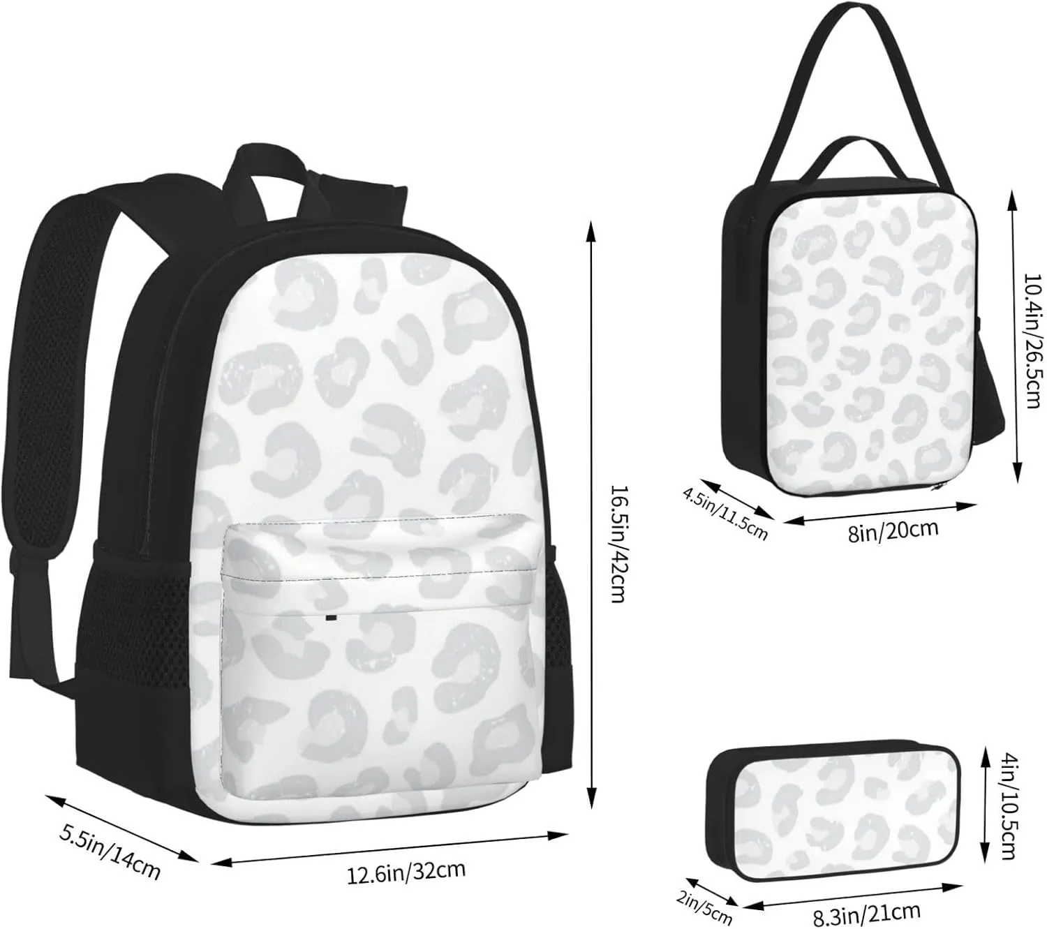 Leopard Print Silver Gray and White Multifunctional Pocket Backpack Crossbody Lunch Bag Pencil Case 3Pcs Set Large Capacity Backpack