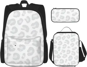 Leopard Print Silver Gray and White Multifunctional Pocket Backpack Crossbody Lunch Bag Pencil Case 3Pcs Set Large Capacity Backpack