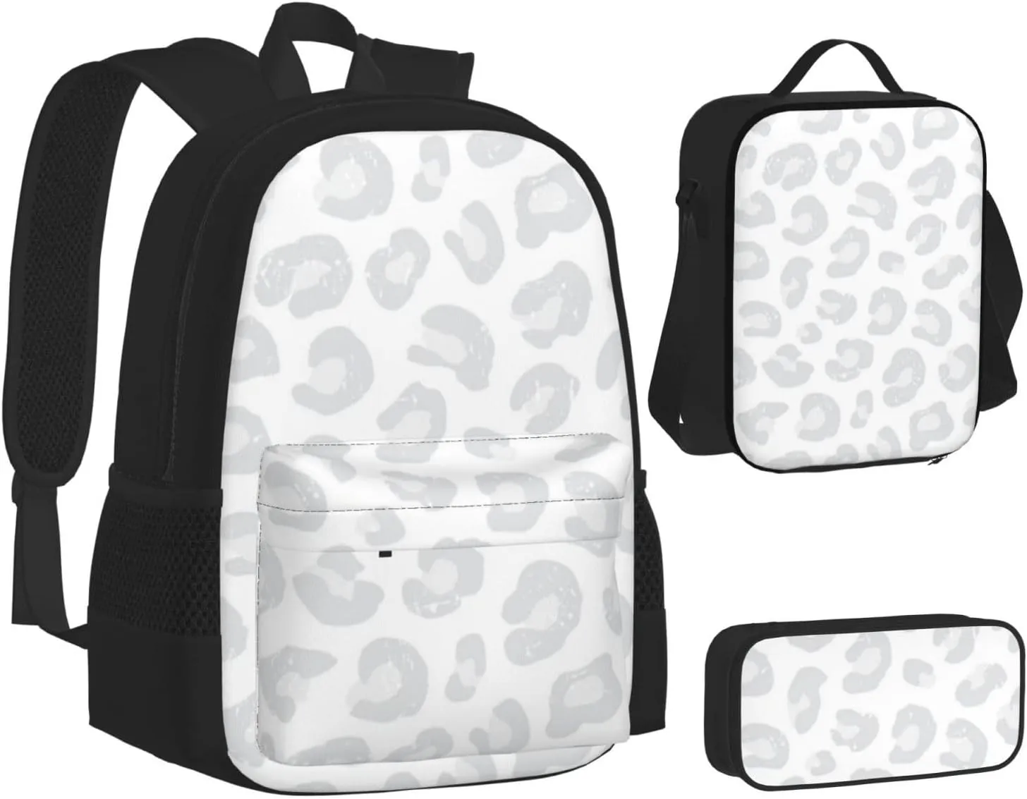 Leopard Print Silver Gray and White Multifunctional Pocket Backpack Crossbody Lunch Bag Pencil Case 3Pcs Set Large Capacity Backpack