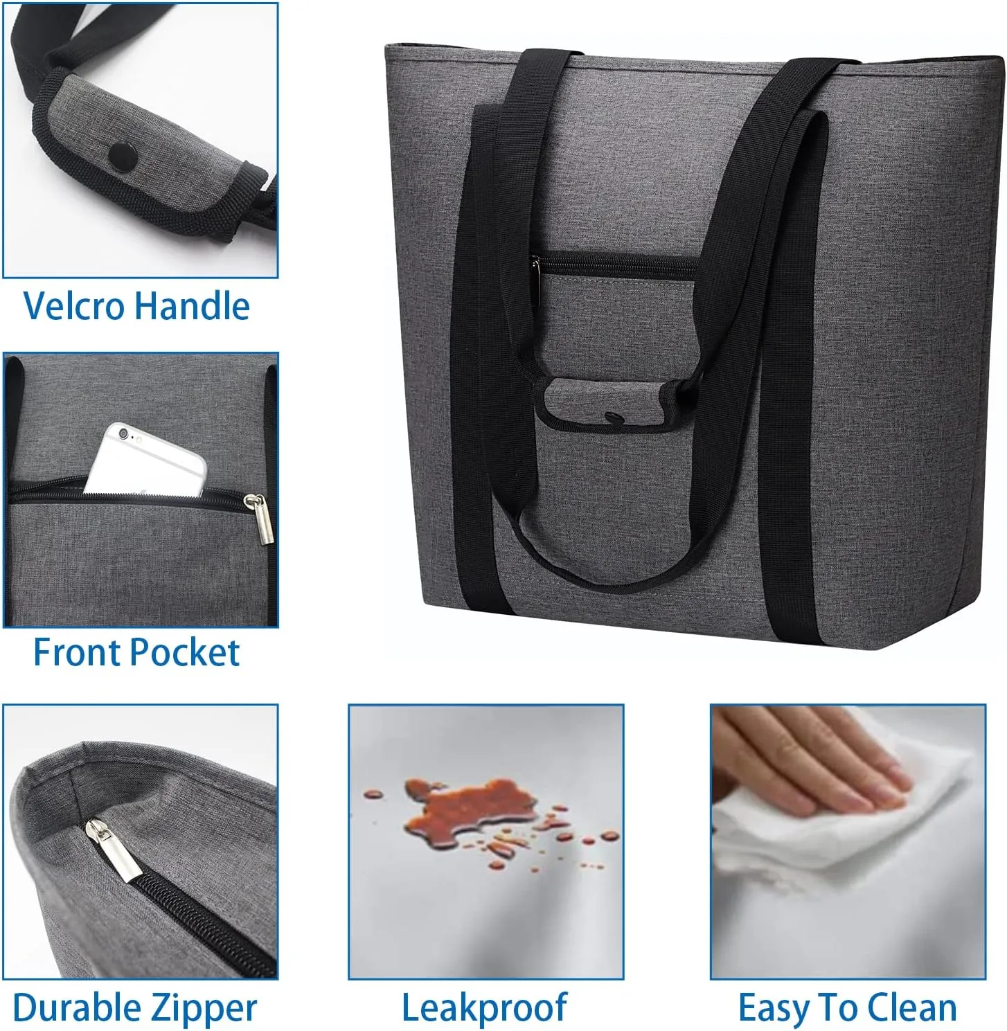 LHZK Large Insulated Cooler Bag, Reusable Grocery Bag for Cold or Hot Food Transportation, Cooler Bags Insulated for for Delivery, Travel, Hiking, Camping and Picnic (Large, Gray)