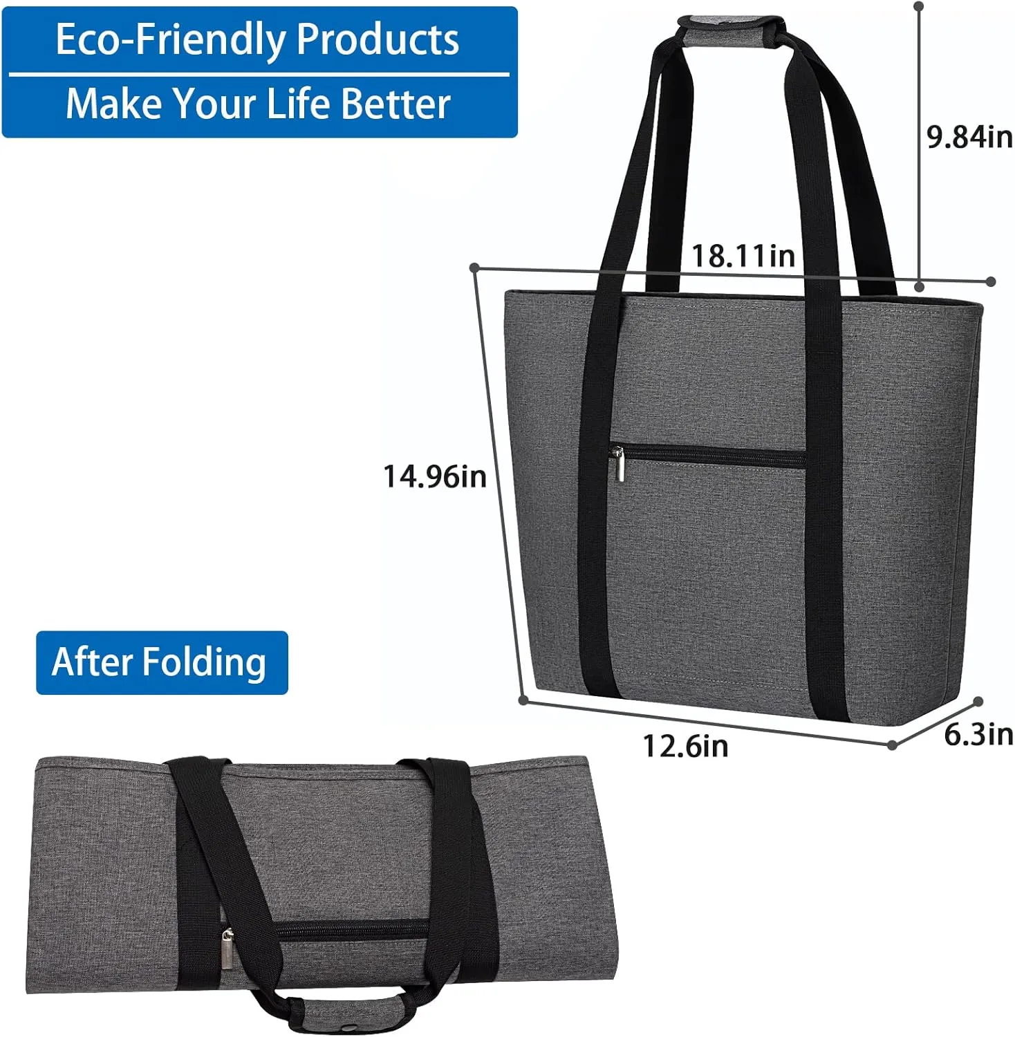LHZK Large Insulated Cooler Bag, Reusable Grocery Bag for Cold or Hot Food Transportation, Cooler Bags Insulated for for Delivery, Travel, Hiking, Camping and Picnic (Large, Gray)