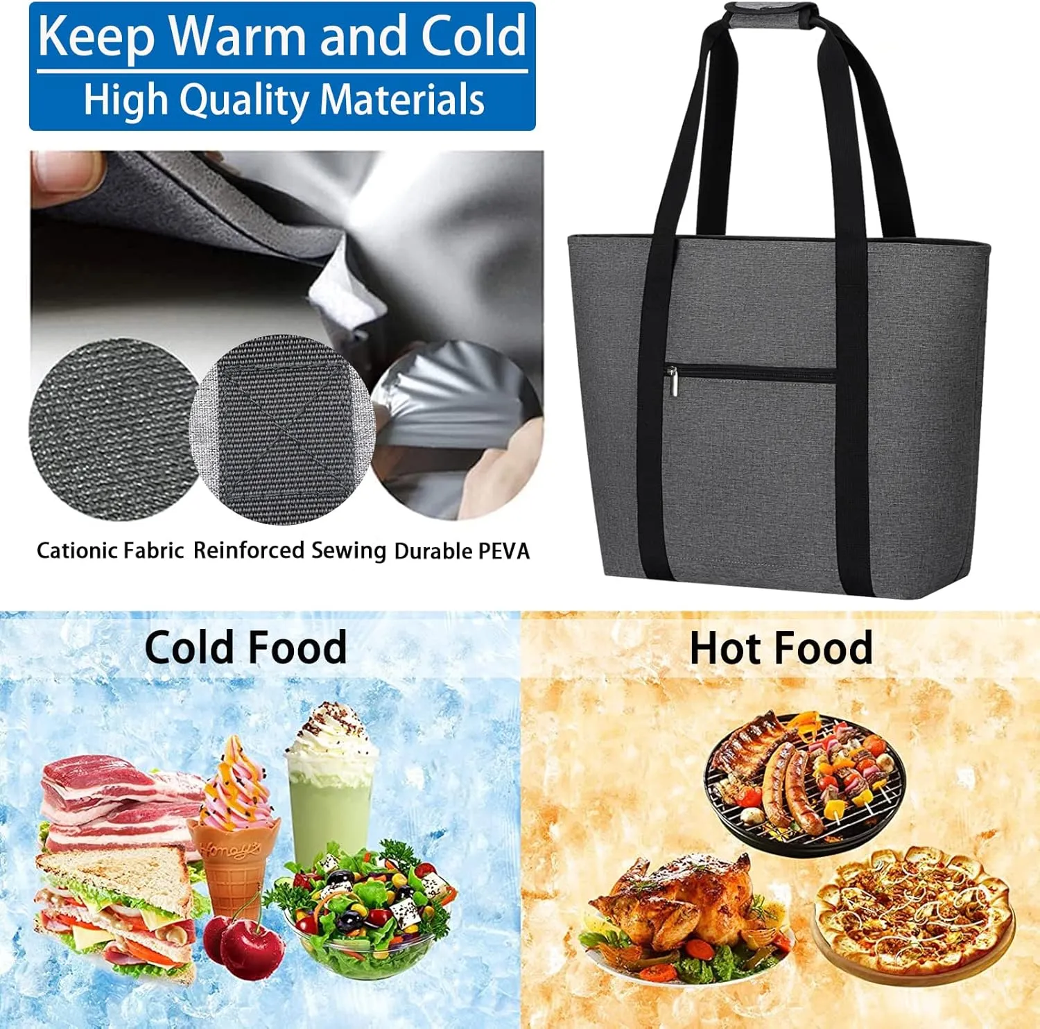 LHZK Large Insulated Cooler Bag, Reusable Grocery Bag for Cold or Hot Food Transportation, Cooler Bags Insulated for for Delivery, Travel, Hiking, Camping and Picnic (Large, Gray)
