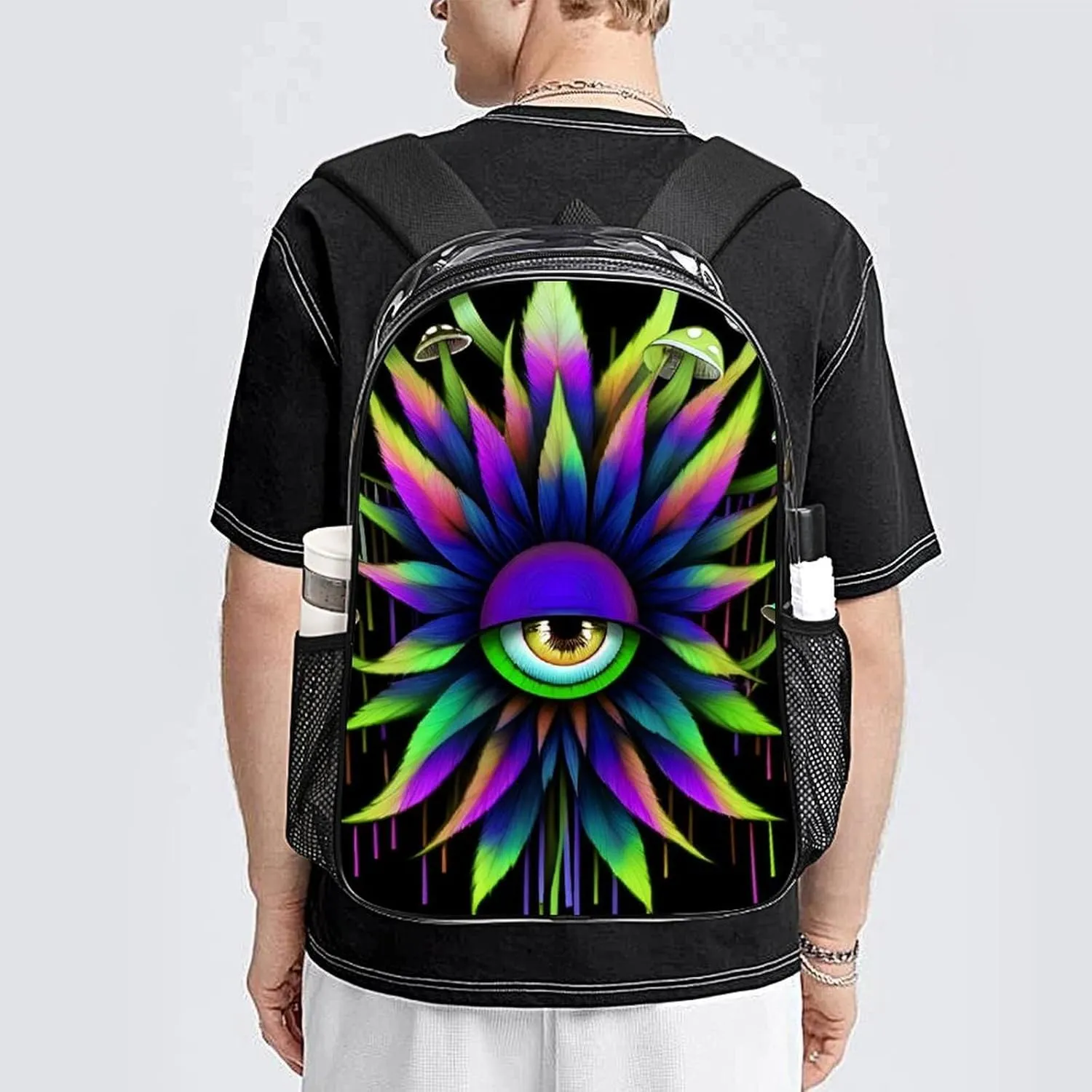 Lightweight Backpack for Gym Travel Bicycle - Big Capacity Multipurpose Transparent Carry On Bag, Trippy Eye Mushroom Art Travel Hiking Bag & Day Pack