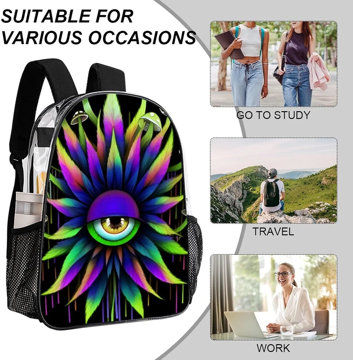 Lightweight Backpack for Gym Travel Bicycle - Big Capacity Multipurpose Transparent Carry On Bag, Trippy Eye Mushroom Art Travel Hiking Bag & Day Pack