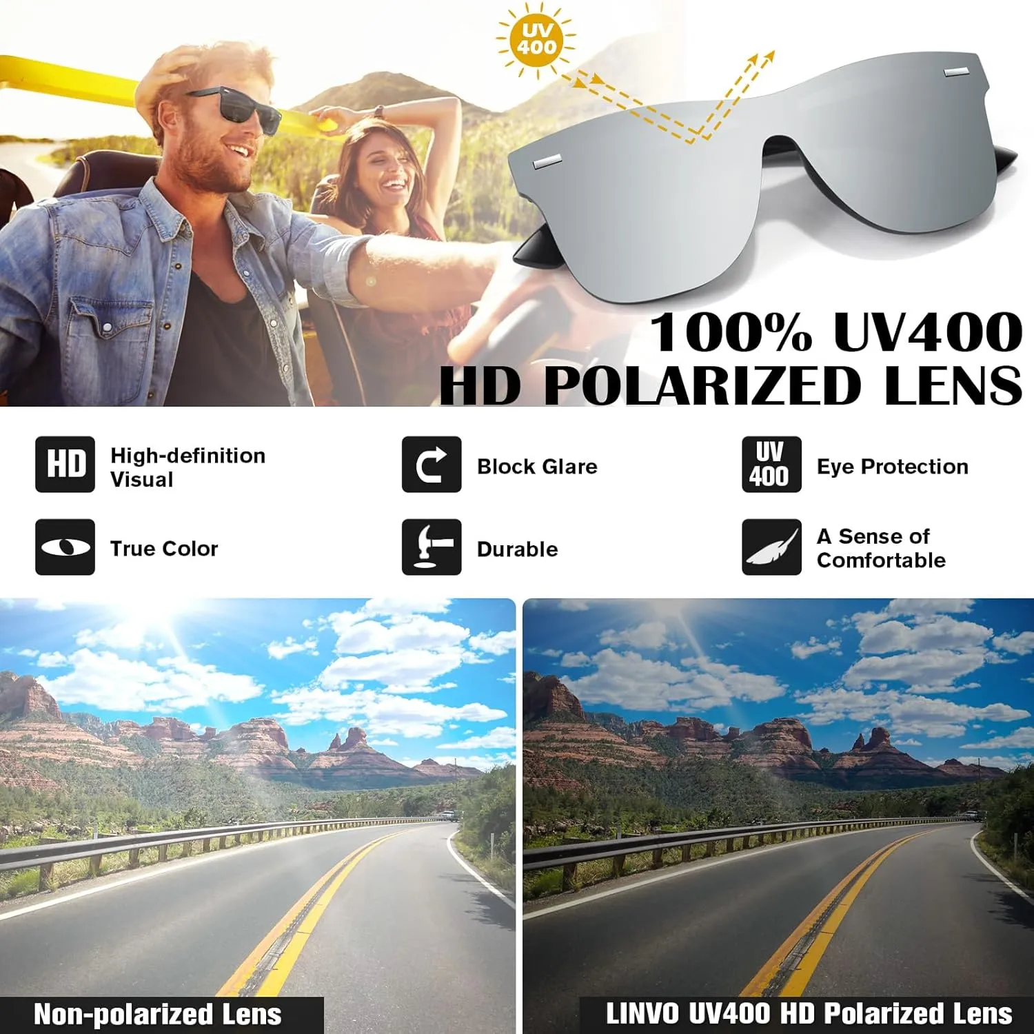 LINVO Trendy Polarized Mirrored Sunglasses Men Womens, Flat One Piece Reflective Shades for Driving Fishing UV400 Protection