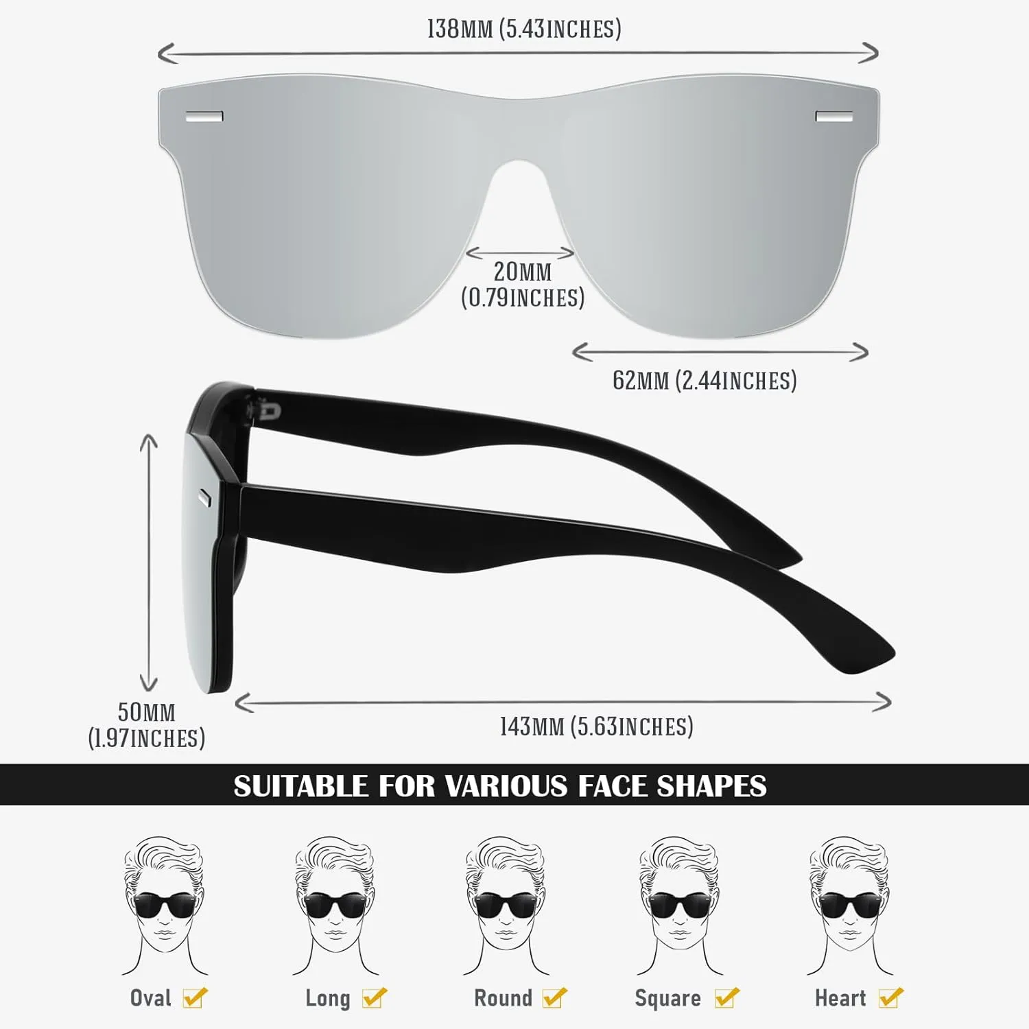 LINVO Trendy Polarized Mirrored Sunglasses Men Womens, Flat One Piece Reflective Shades for Driving Fishing UV400 Protection