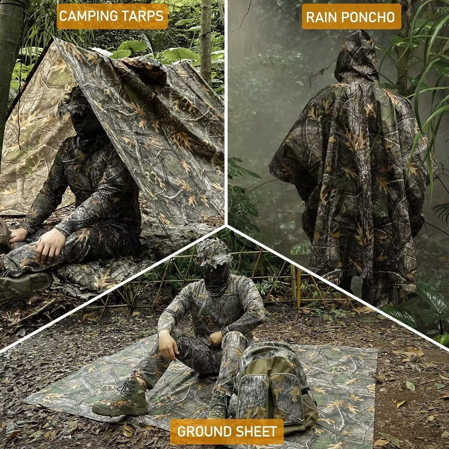 LOOGU Camo Rain Poncho with Hood Waterproof Lightweight Raincoat Rain Gear Men Women Outdoor Camping Hunting Hiking Fishing