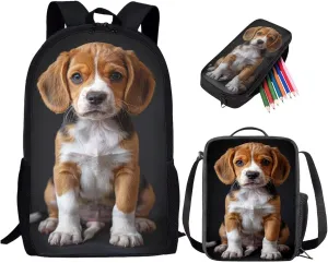 Lotusorchid Cute Beagle Printed Backpack Set for School, Students Bookbag Cute Bookpack Sets Sturdy School Bag with Lunch Bag Pencil Case, 3PCs Bookbag Set for Elementary Middle High School