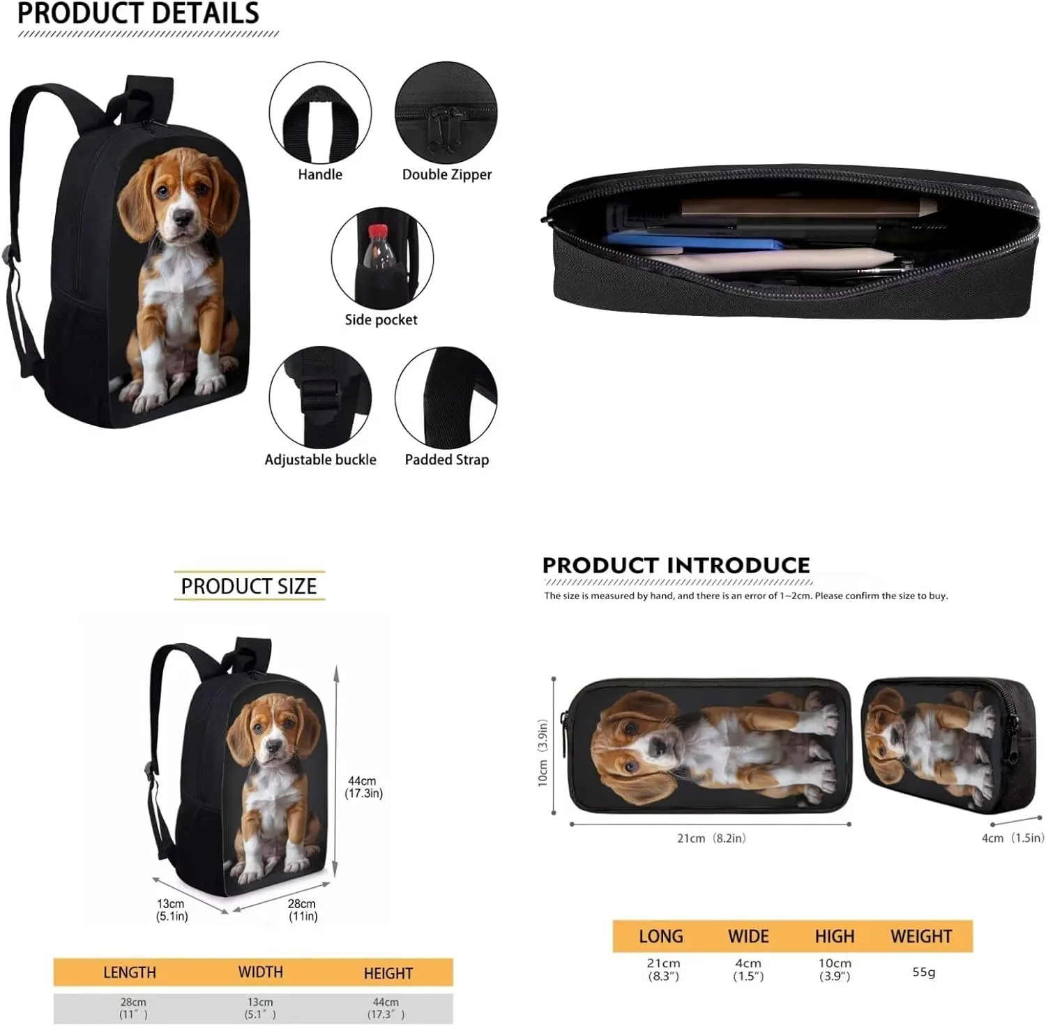 Lotusorchid Cute Beagle Printed Backpack Set for School, Students Bookbag Cute Bookpack Sets Sturdy School Bag with Lunch Bag Pencil Case, 3PCs Bookbag Set for Elementary Middle High School