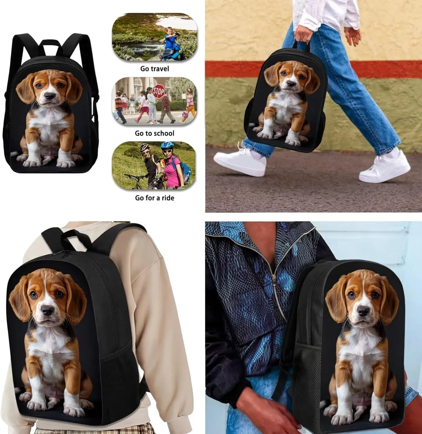 Lotusorchid Cute Beagle Printed Backpack Set for School, Students Bookbag Cute Bookpack Sets Sturdy School Bag with Lunch Bag Pencil Case, 3PCs Bookbag Set for Elementary Middle High School