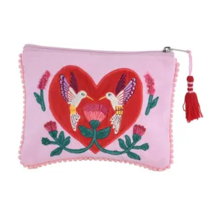 Love Hummingbirds on Embroidered Pink Velvet Zipper Pouch