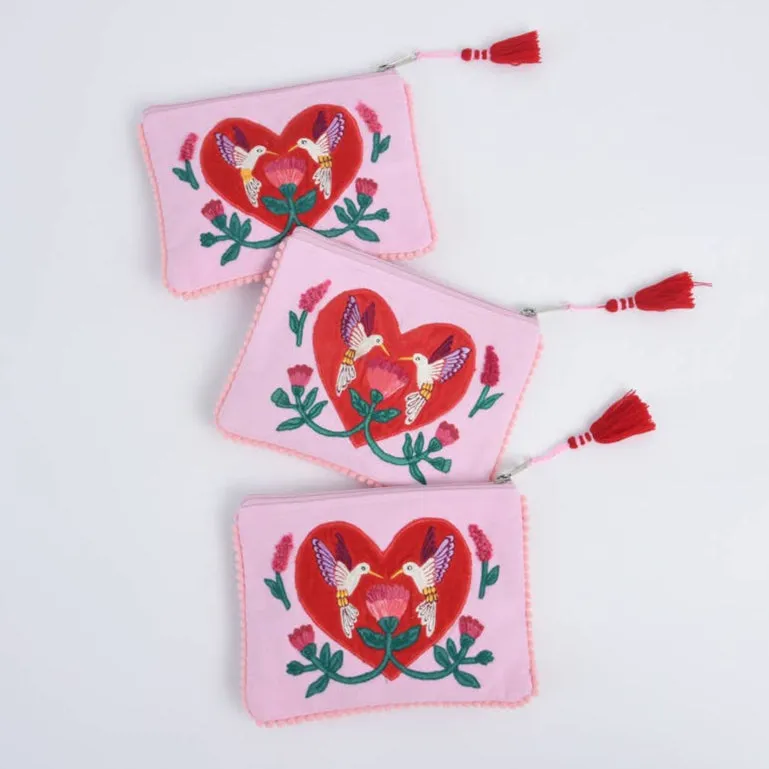 Love Hummingbirds on Embroidered Pink Velvet Zipper Pouch