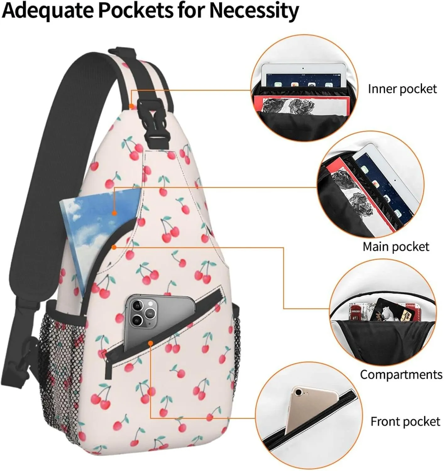 Lovely Sweet Red Cherry Print Crossbody Backpack Shoulder Bag Cross Chest Bag For Travel, Hiking Gym Tactical Use