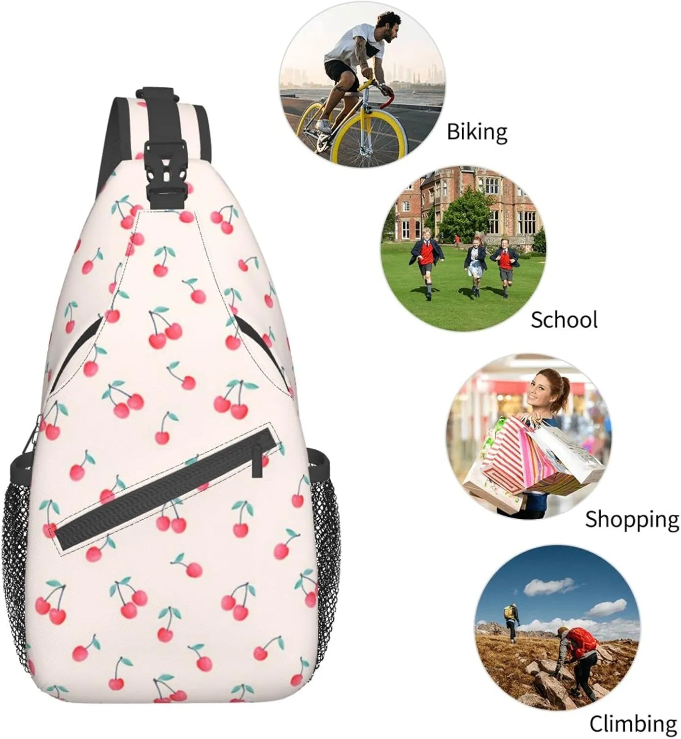 Lovely Sweet Red Cherry Print Crossbody Backpack Shoulder Bag Cross Chest Bag For Travel, Hiking Gym Tactical Use