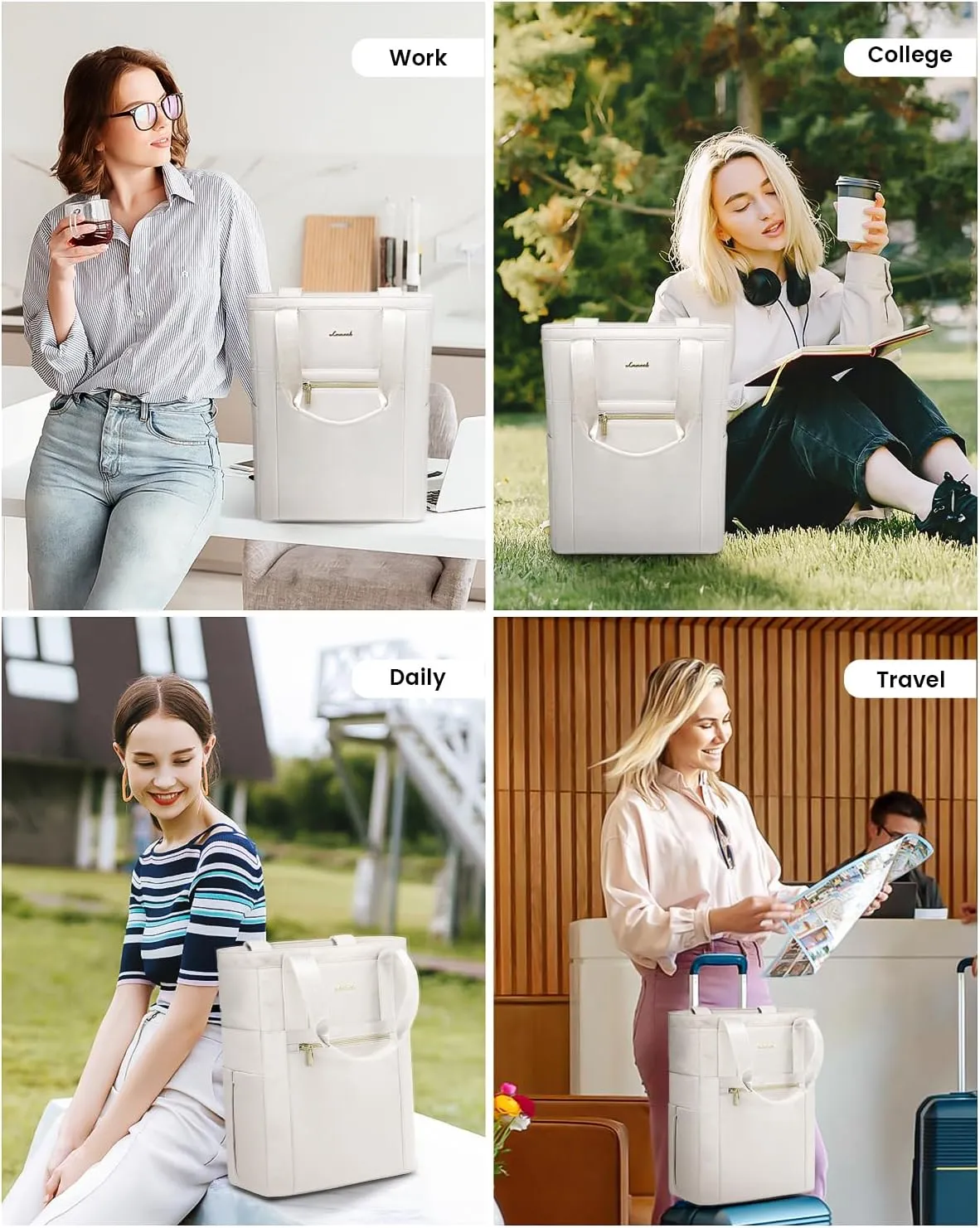 LOVEVOOK Laptop Backpack for Women, 15.6’’ Laptop Bag for Women Tote Bag Convertible, Lightweight Travel Backpack for College, Wide Open Work Backpack for Nurse Teacher Water-resistant White