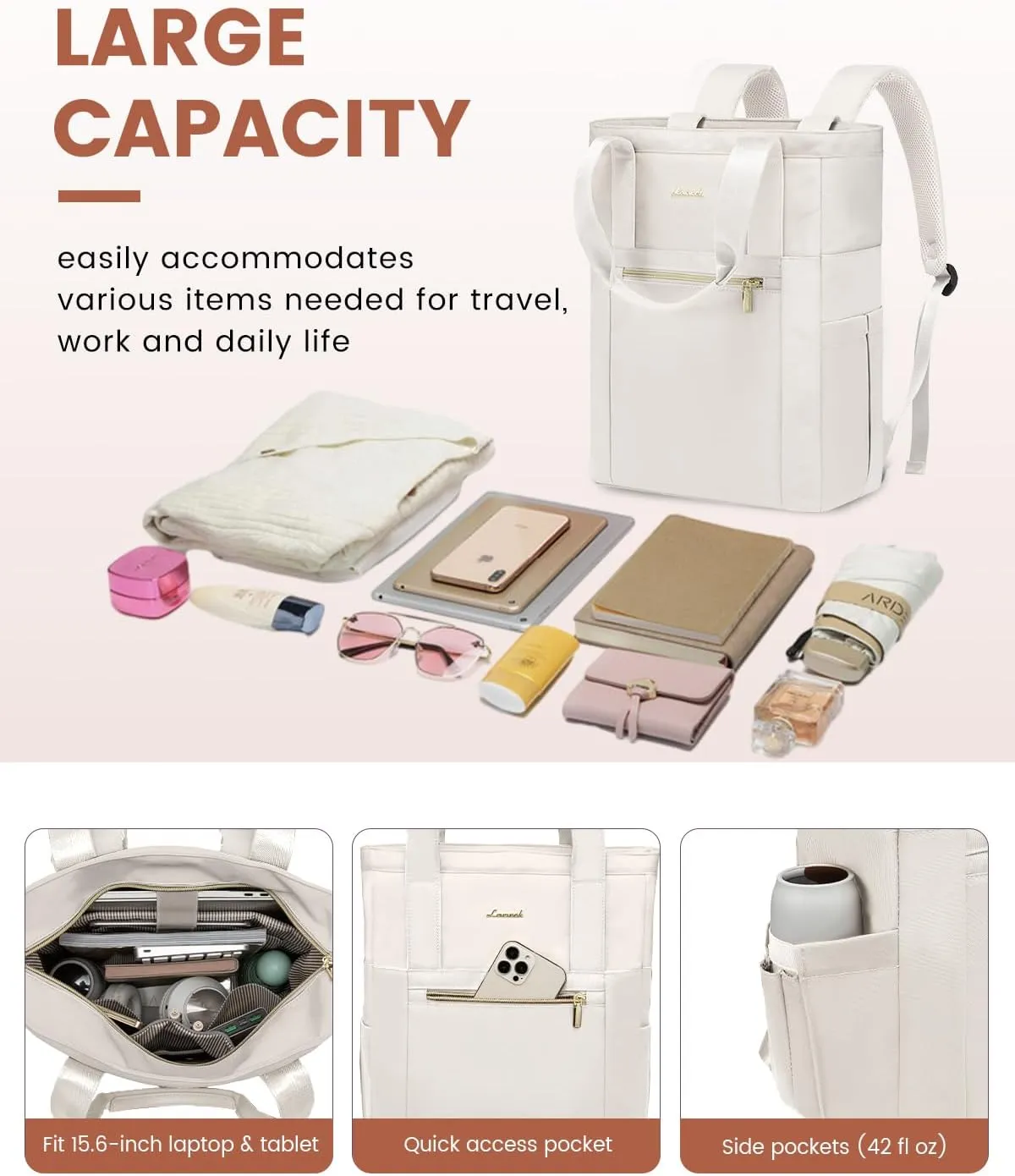 LOVEVOOK Laptop Backpack for Women, 15.6’’ Laptop Bag for Women Tote Bag Convertible, Lightweight Travel Backpack for College, Wide Open Work Backpack for Nurse Teacher Water-resistant White