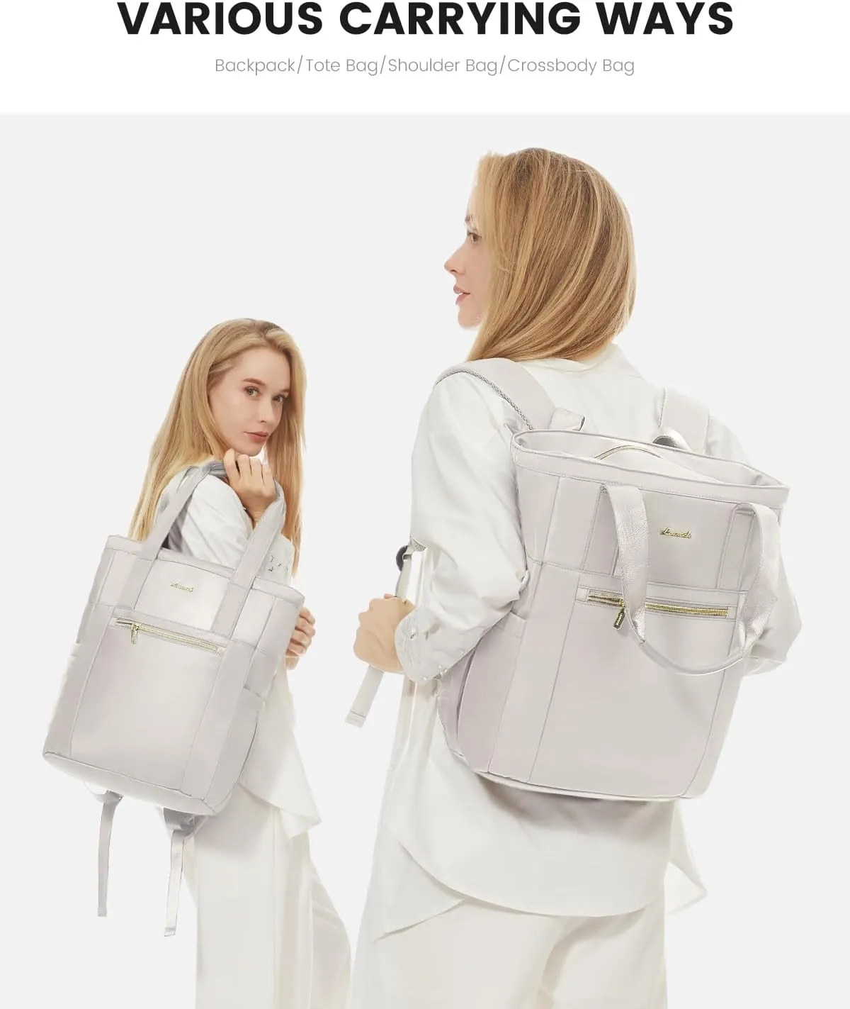 LOVEVOOK Laptop Backpack for Women, 15.6’’ Laptop Bag for Women Tote Bag Convertible, Lightweight Travel Backpack for College, Wide Open Work Backpack for Nurse Teacher Water-resistant White