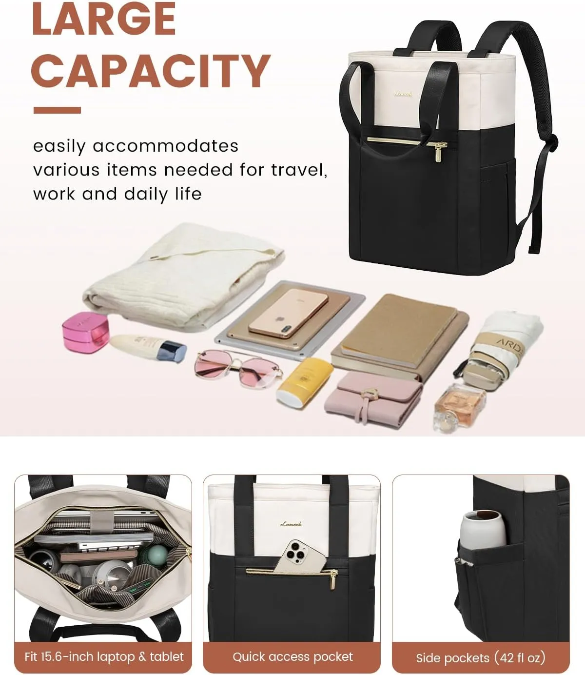 LOVEVOOK Laptop Backpack for Women, 17.3’’ Laptop Bag for Women Tote Bag Convertible, Lightweight Travel Backpack for College, Wide Open Work Backpack for Nurse Teacher Water-resistant Black