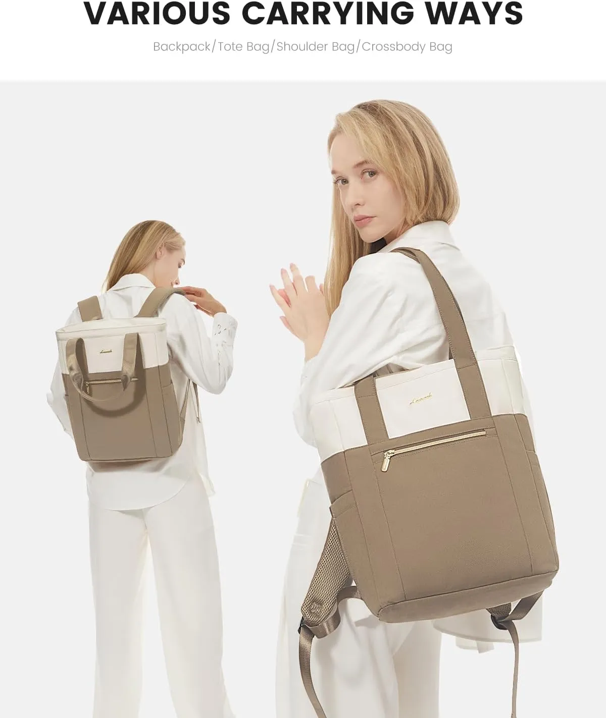 LOVEVOOK Laptop Backpack for Women, 17.3’’ Laptop Bag for Women Tote Bag Convertible, Lightweight Travel Backpack for College, Wide Open Work Backpack for Nurse Teacher Water-resistant Khaki