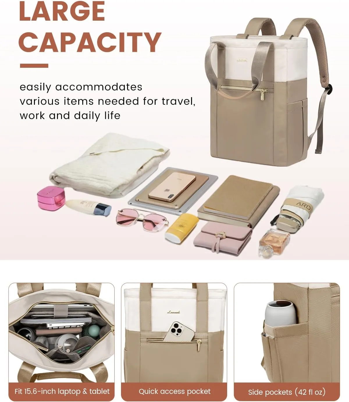 LOVEVOOK Laptop Backpack for Women, 17.3’’ Laptop Bag for Women Tote Bag Convertible, Lightweight Travel Backpack for College, Wide Open Work Backpack for Nurse Teacher Water-resistant Khaki