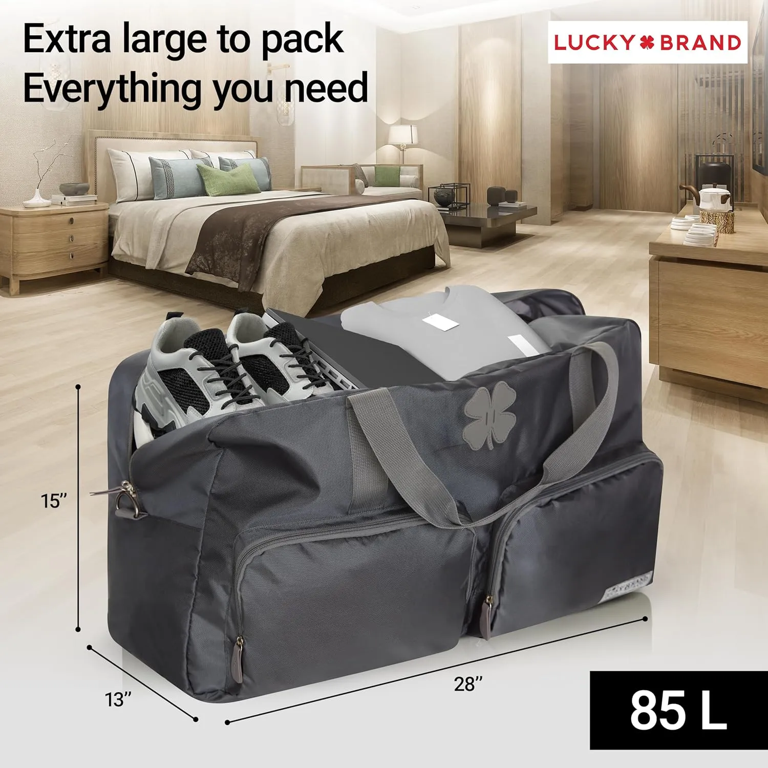 Lucky Travel Duffel Bags 85L, Gym Bag, Travel Bag & Large Duffle Bag for Men, Foldable Overnight Weekender Bags for Women & Men with Adjustable Shoulder Strap, Charcoal