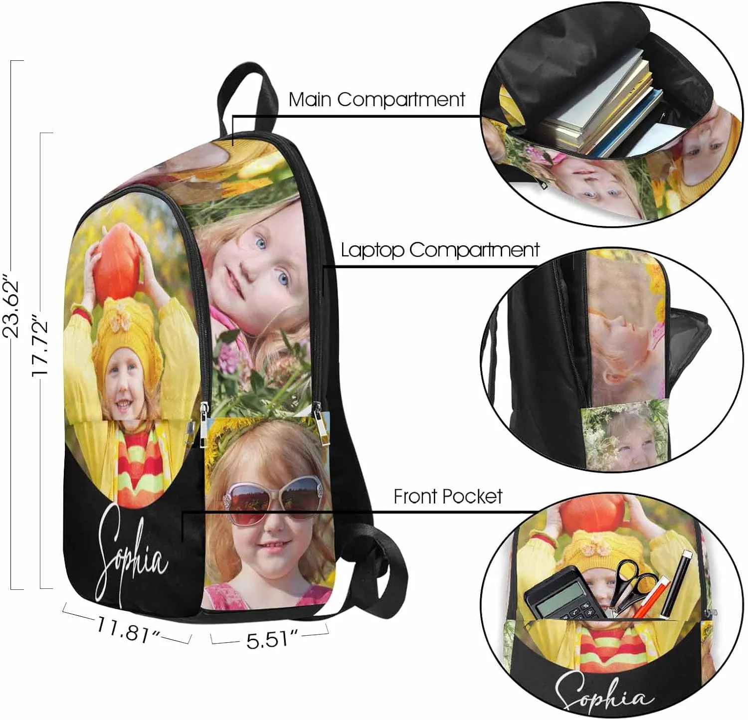 M YESCUSTOM Custom Children Backpack with Photos Personalized Kid’s Name School Bookbags for Boy Girl Teens Women Men Black Schoolbag Travel Backpacks Daypack Bag Birthday Gift for Daughter Son
