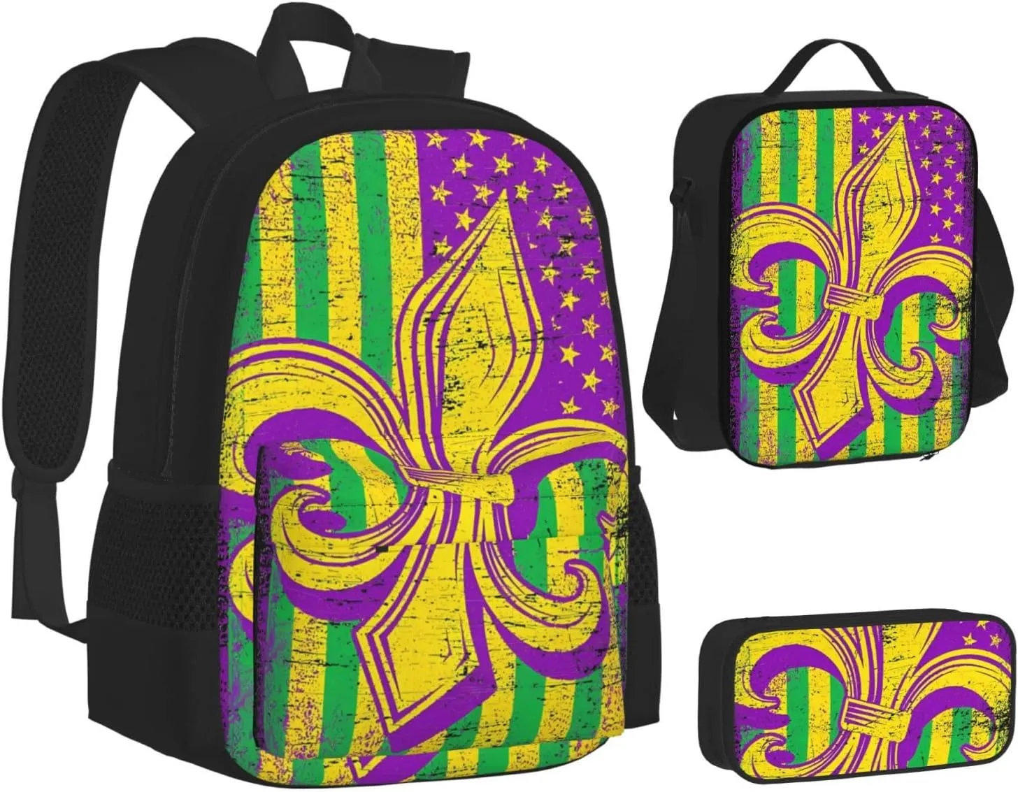 Mardi Gras American Flag Carnival Celebration Multifunctional Pocket Backpack Crossbody Lunch Bag Pencil Case 3Pcs Set Large Capacity Backpack