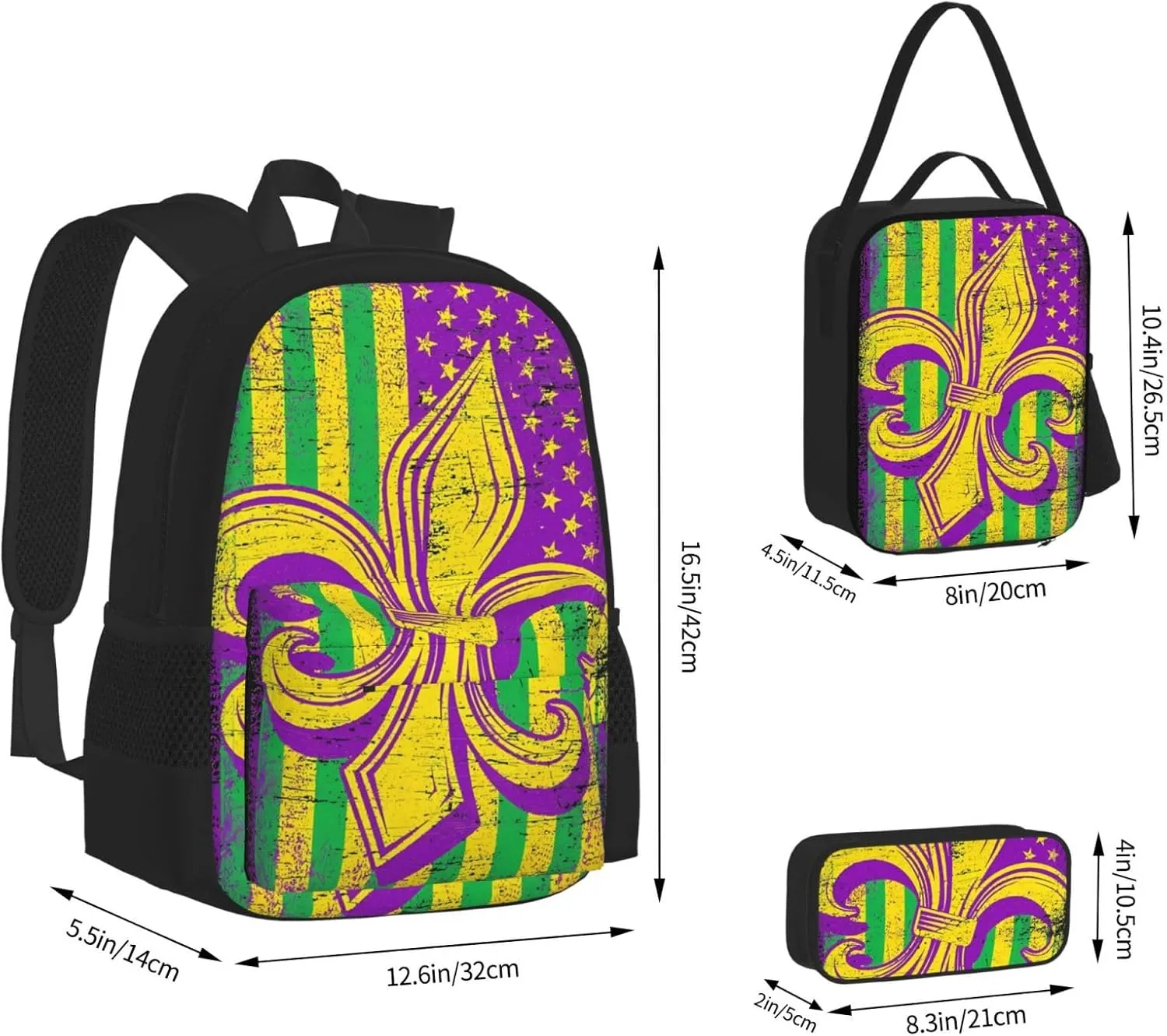 Mardi Gras American Flag Carnival Celebration Multifunctional Pocket Backpack Crossbody Lunch Bag Pencil Case 3Pcs Set Large Capacity Backpack