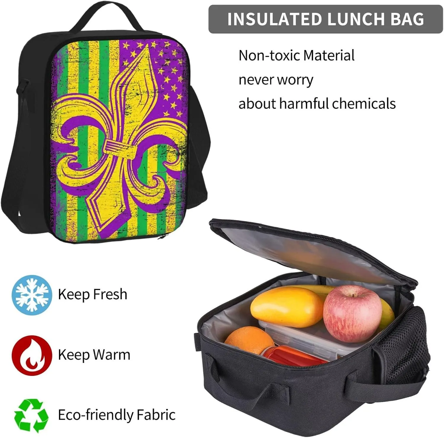 Mardi Gras American Flag Carnival Celebration Multifunctional Pocket Backpack Crossbody Lunch Bag Pencil Case 3Pcs Set Large Capacity Backpack