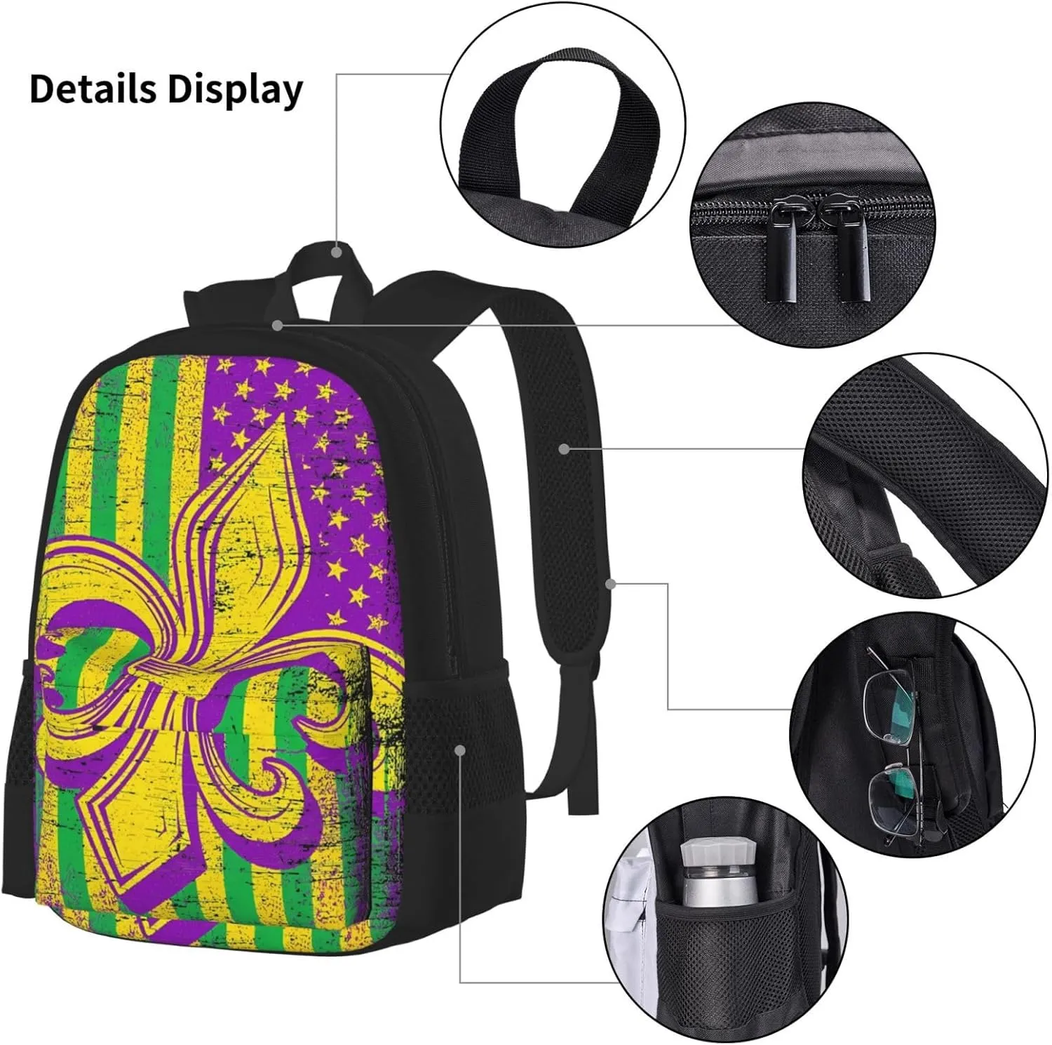 Mardi Gras American Flag Carnival Celebration Multifunctional Pocket Backpack Crossbody Lunch Bag Pencil Case 3Pcs Set Large Capacity Backpack