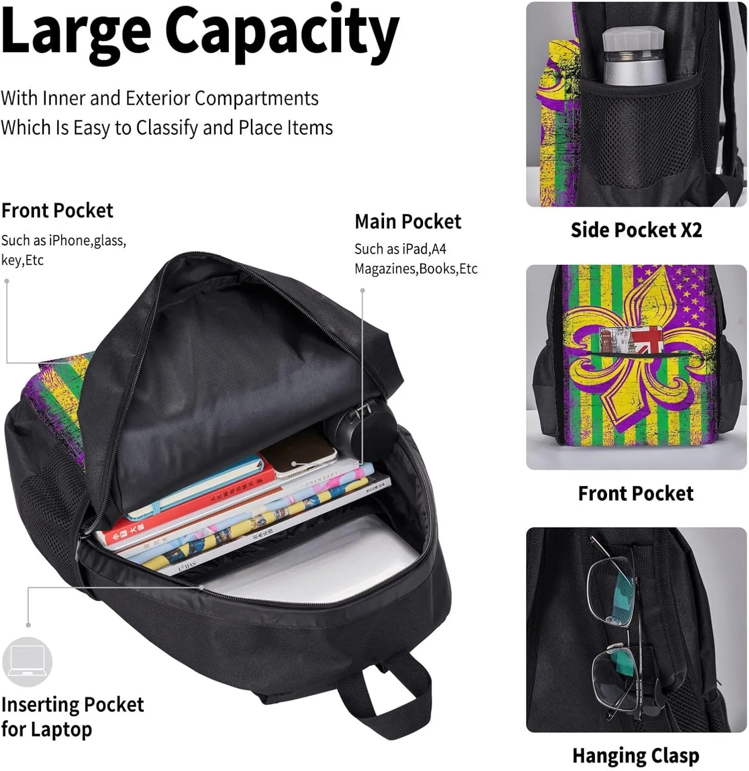 Mardi Gras American Flag Carnival Celebration Multifunctional Pocket Backpack Crossbody Lunch Bag Pencil Case 3Pcs Set Large Capacity Backpack