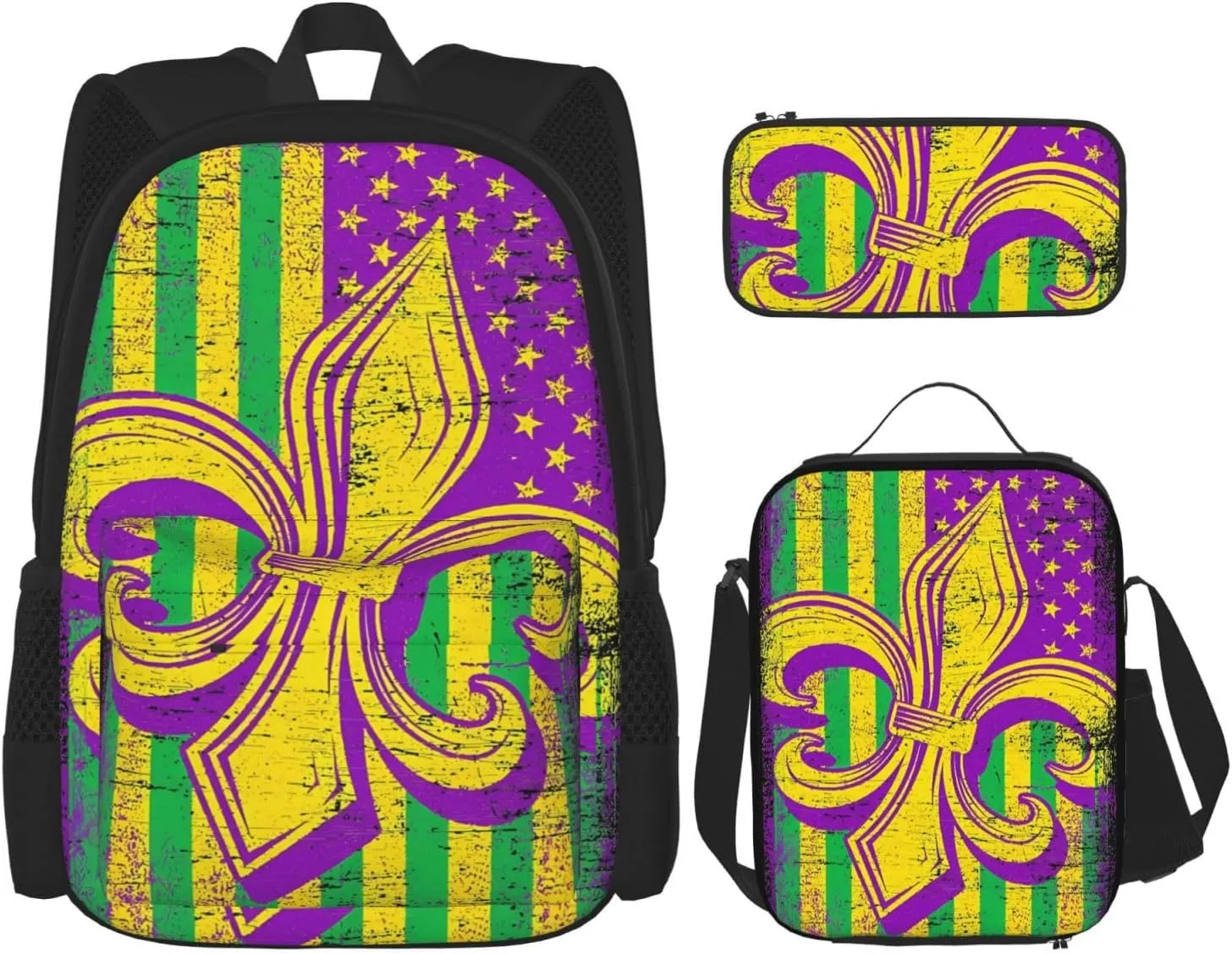 Mardi Gras American Flag Carnival Celebration Multifunctional Pocket Backpack Crossbody Lunch Bag Pencil Case 3Pcs Set Large Capacity Backpack