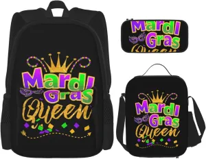 Mardi Gras Queen Crown Festival Carnivals Multifunctional Pocket Backpack Crossbody Lunch Bag Pencil Case 3Pcs Set Large Capacity Backpack