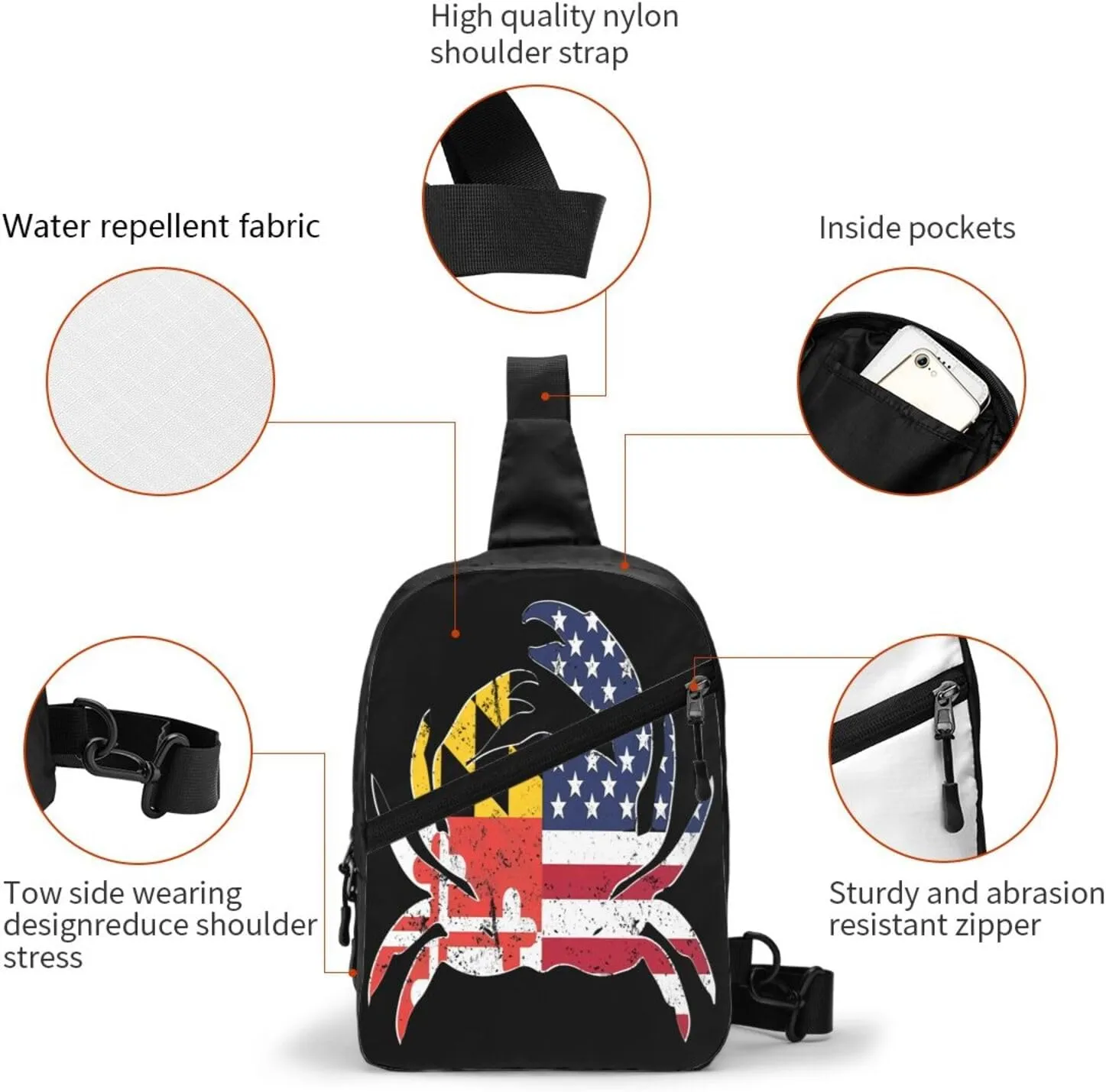 Maryland State Flag American Flag Crab Packable Crossbody Bag Portable Sling Bags Foldable Travel Daypack Reusable Sports Shoulder Backpack Diagonally Chest Bag for Workout
