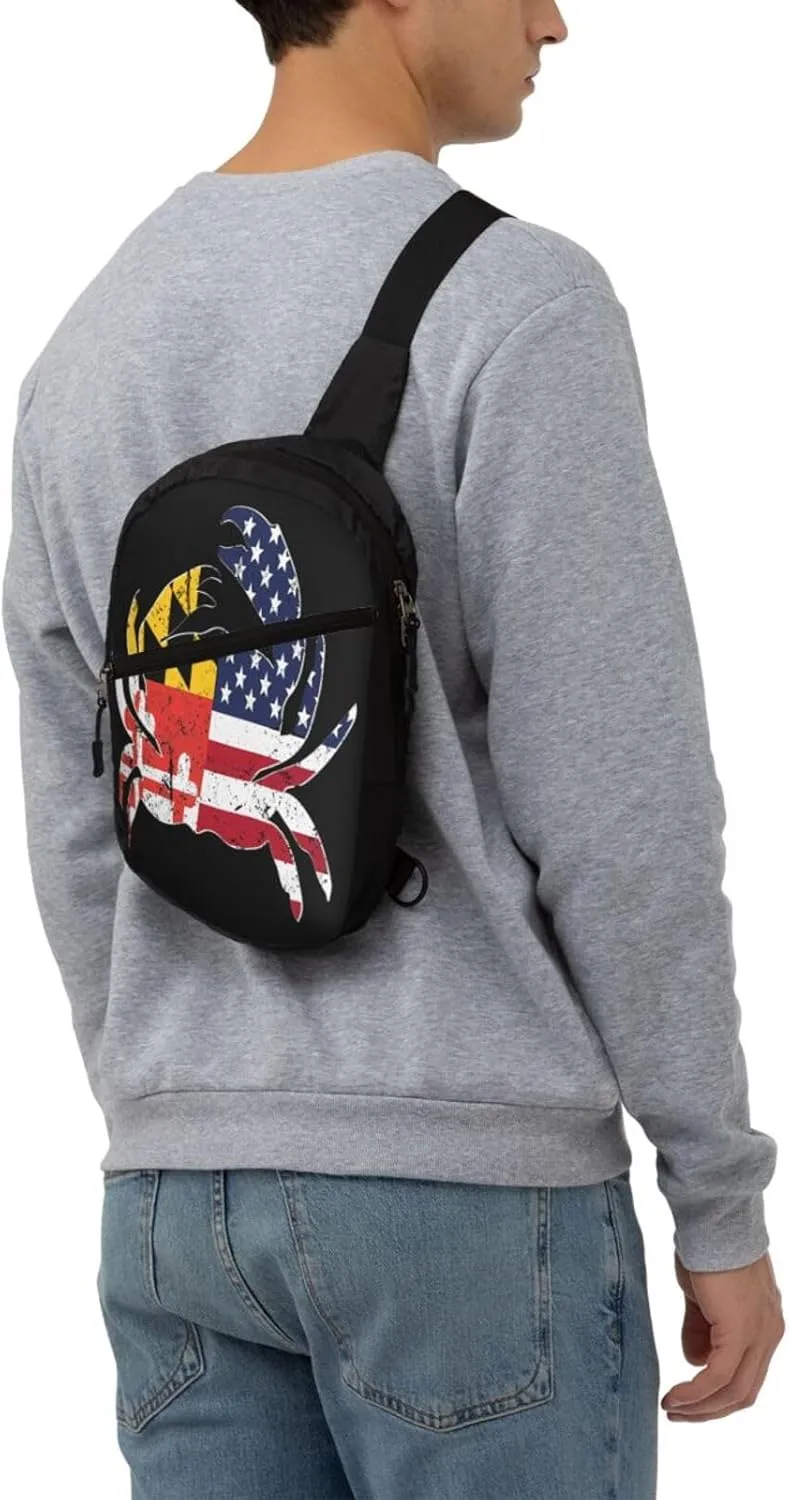 Maryland State Flag American Flag Crab Packable Crossbody Bag Portable Sling Bags Foldable Travel Daypack Reusable Sports Shoulder Backpack Diagonally Chest Bag for Workout