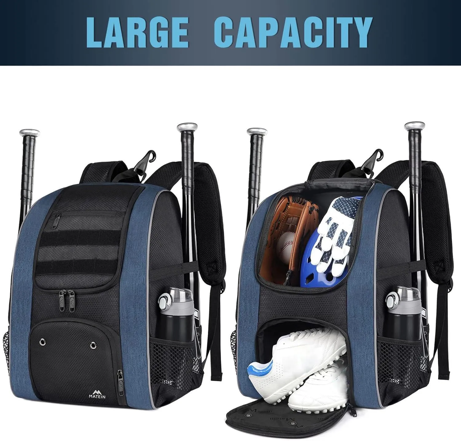 MATEIN Baseball Backpack, Lightweight Softball Bags with Shoes Compartment for Men, Large Capacity Baseball Bag Gifts for Adults with Fence Hook Hold 4 Tee Ball Bats, TBall Gear, Helmet