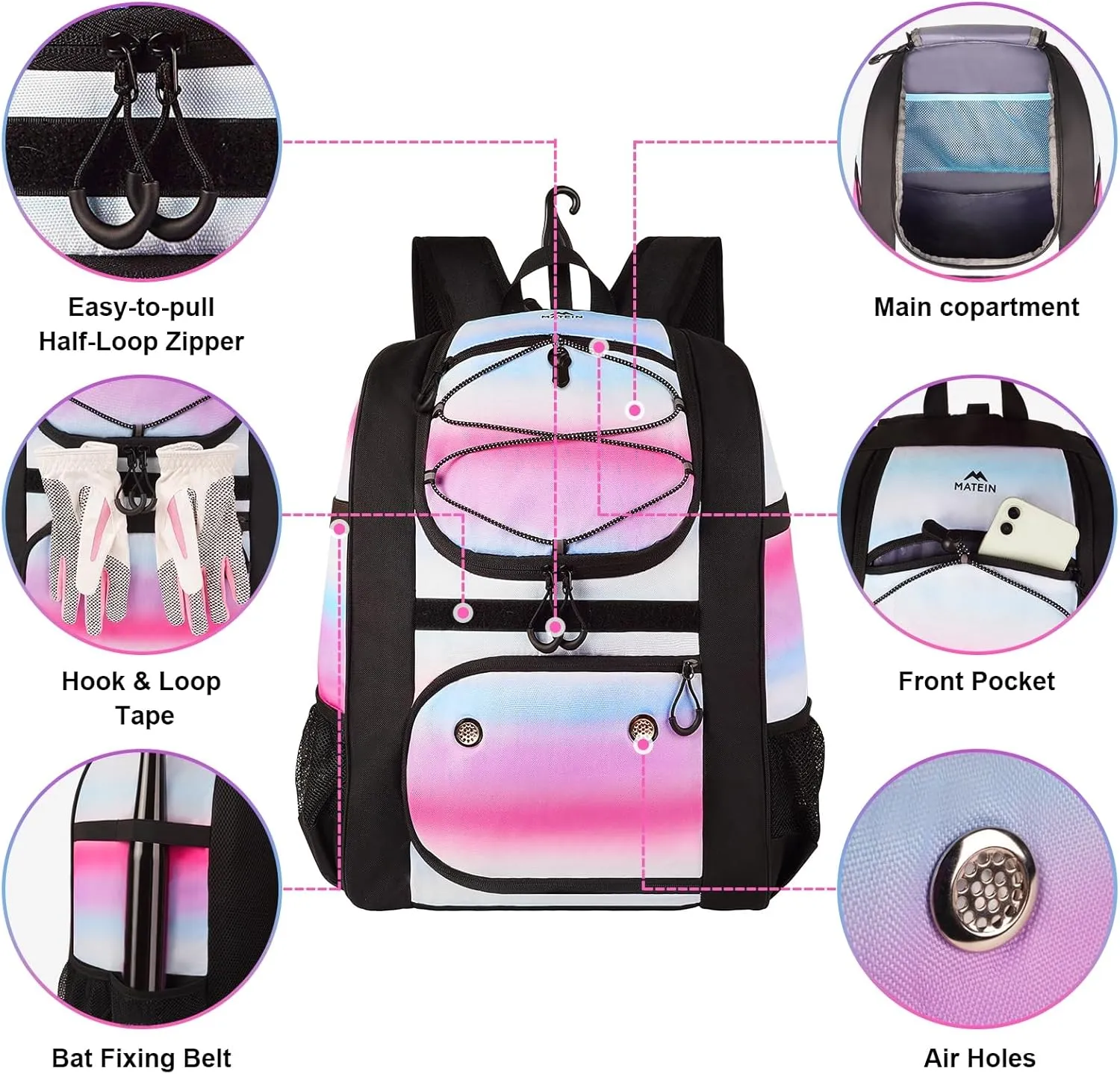 MATEIN Softball Bag, Lightweight Baseball Backpack with Shoe Compartment, Baseball Bag with Fence Hook for TBall Bat & Equipment, Softball Gifts Catchers Backpack for Women Fit Batting Glove, Helmet