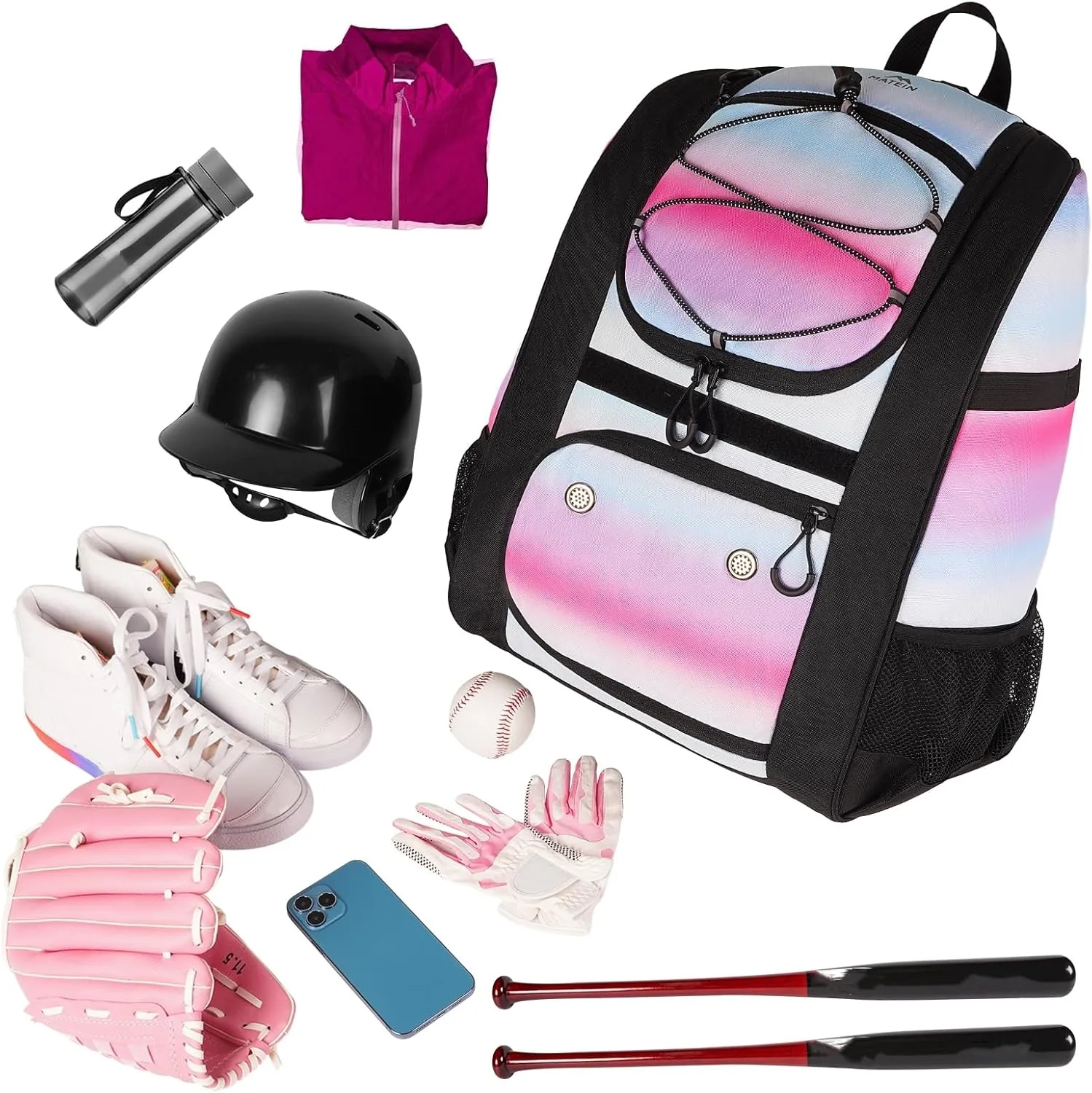 MATEIN Softball Bag, Lightweight Baseball Backpack with Shoe Compartment, Baseball Bag with Fence Hook for TBall Bat & Equipment, Softball Gifts Catchers Backpack for Women Fit Batting Glove, Helmet