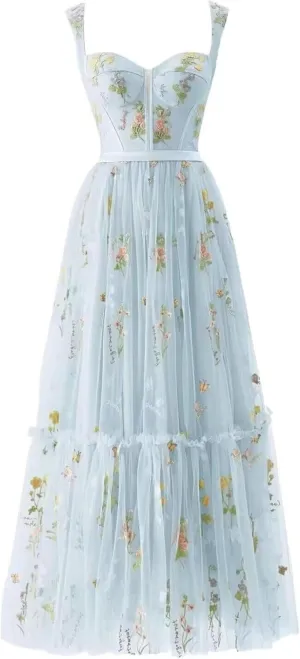 Maxianever Flower Embroidery Prom Dresses for Women Tulle Tea Length Corset A Line Formal Evening Party Gowns