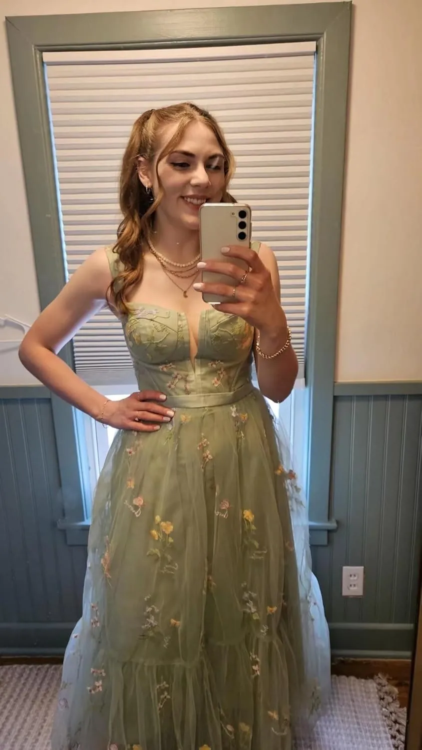 Maxianever Flower Embroidery Prom Dresses for Women Tulle Tea Length Corset A Line Formal Evening Party Gowns