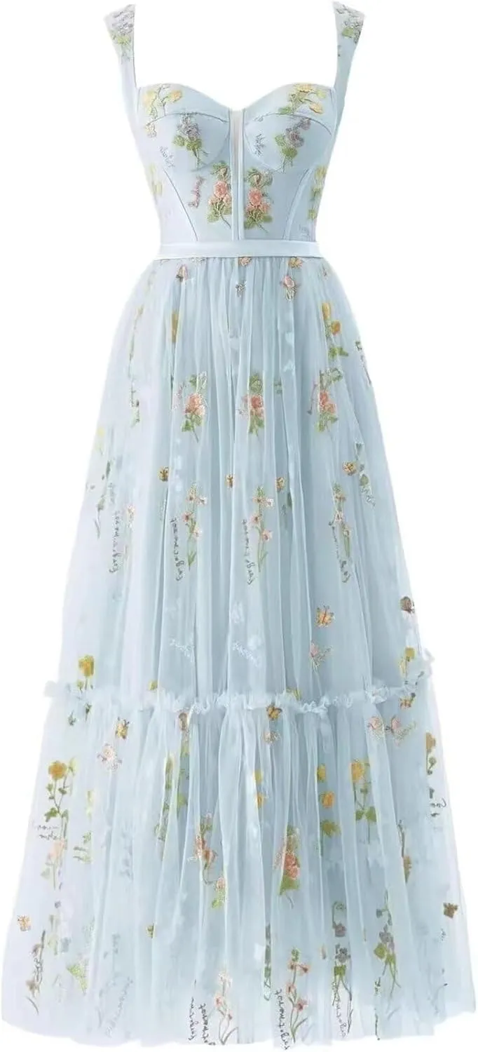 Maxianever Flower Embroidery Prom Dresses for Women Tulle Tea Length Corset A Line Formal Evening Party Gowns