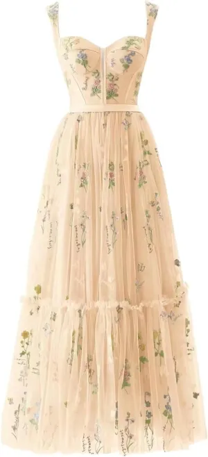 Maxianever Flower Embroidery Prom Dresses for Women Tulle Tea Length Corset A Line Formal Evening Party Gowns