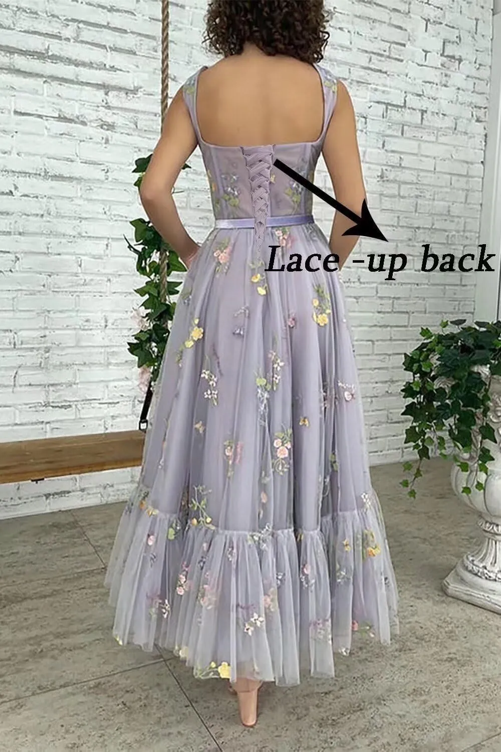 Maxianever Flower Embroidery Prom Dresses for Women Tulle Tea Length Corset A Line Formal Evening Party Gowns