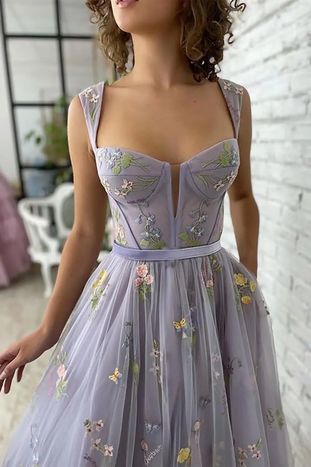 Maxianever Flower Embroidery Prom Dresses for Women Tulle Tea Length Corset A Line Formal Evening Party Gowns