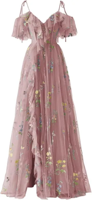 Maxianever Tulle Prom Dresses Flower Embroidery Ruffle V Neck Women's Formal Evening Party Gowns 2024