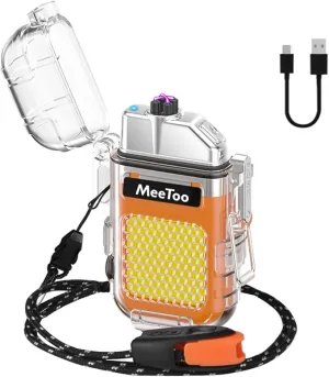 MeeToo Electric Lighter Rechargeable Lighter Waterproof Plasma Dual Lighters 3 Modes of Flashlight Type-C with Survival Emergency Whistle and Lanyard for Candle Camping Outdoor (Orange)