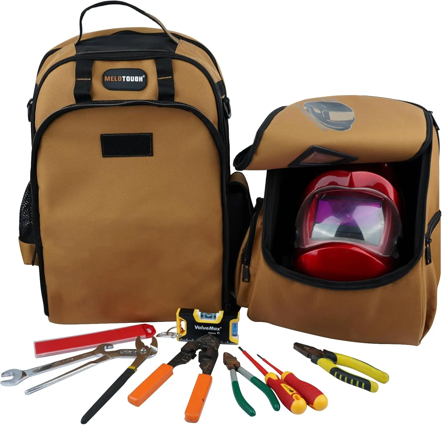 MELOTOUGH Welding Tool backpack for Tools and Helmet Extreme Gear Pack with Large Capacity Welding Helmet Bag Luggage Storage Bag (Brown)