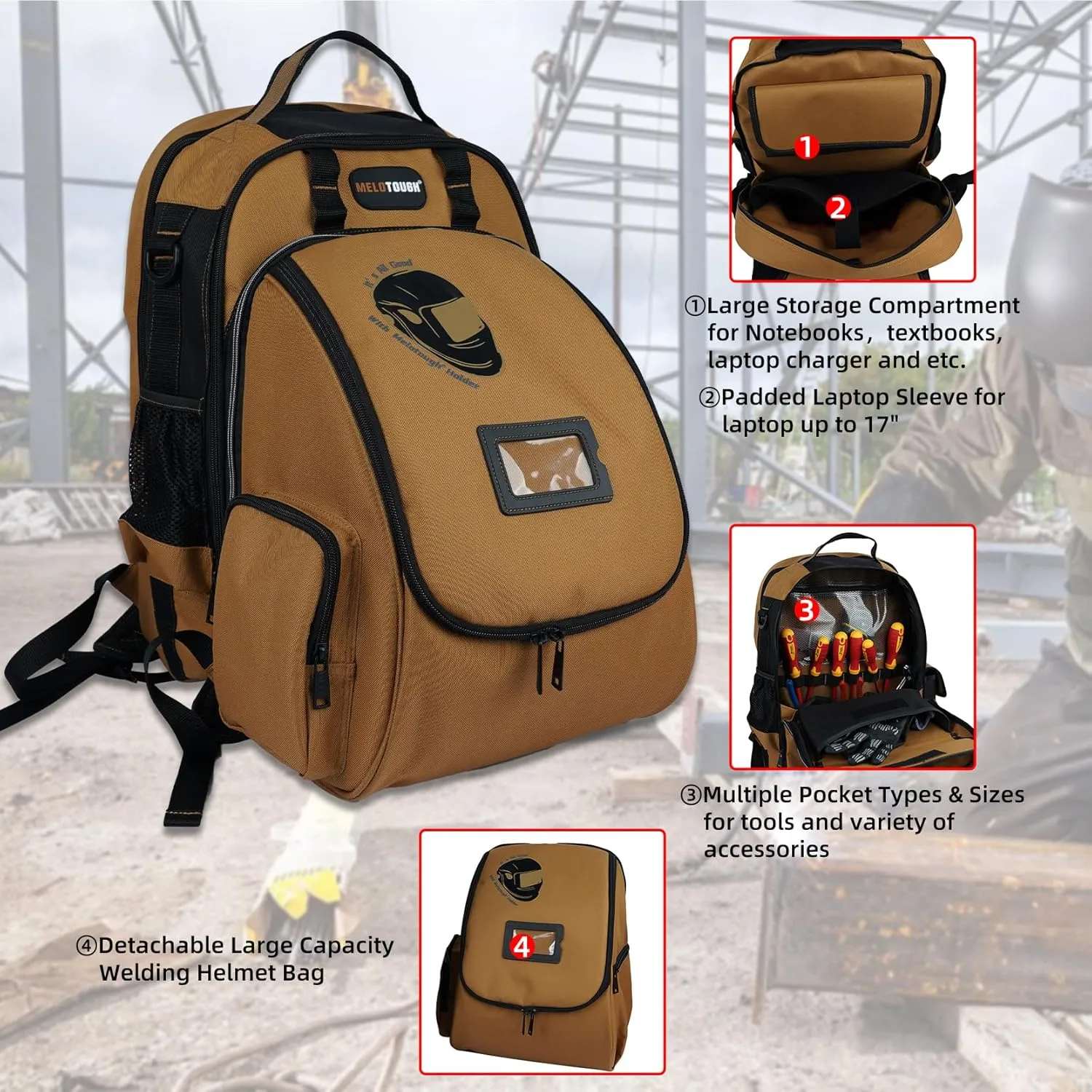 MELOTOUGH Welding Tool backpack for Tools and Helmet Extreme Gear Pack with Large Capacity Welding Helmet Bag Luggage Storage Bag (Brown)